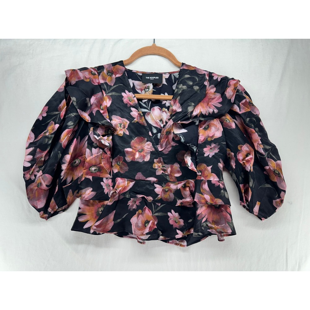 The Kooples Paris Floral Silk Blend Ruffle Peplum Blouse Black Pink‎ Size XS